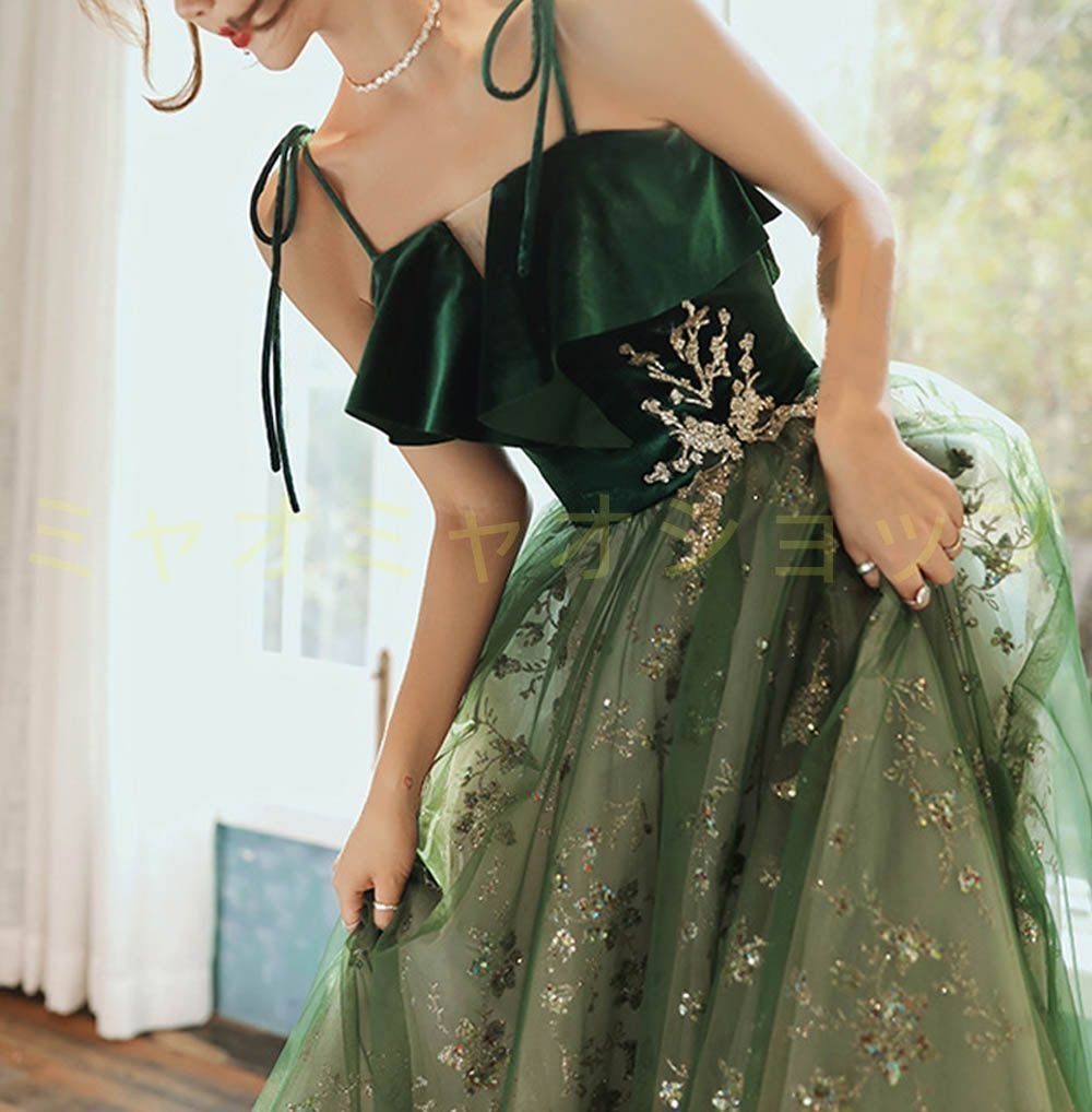 カラードレス 二次会 演奏会 グリーン 緑 ロング 二次会ドレス パーティードレス ロングドレス 花嫁ドレス カラードレス 結婚式 袖なし キャミソールドレス 花柄 ラメ きらきら レトロ風 1318