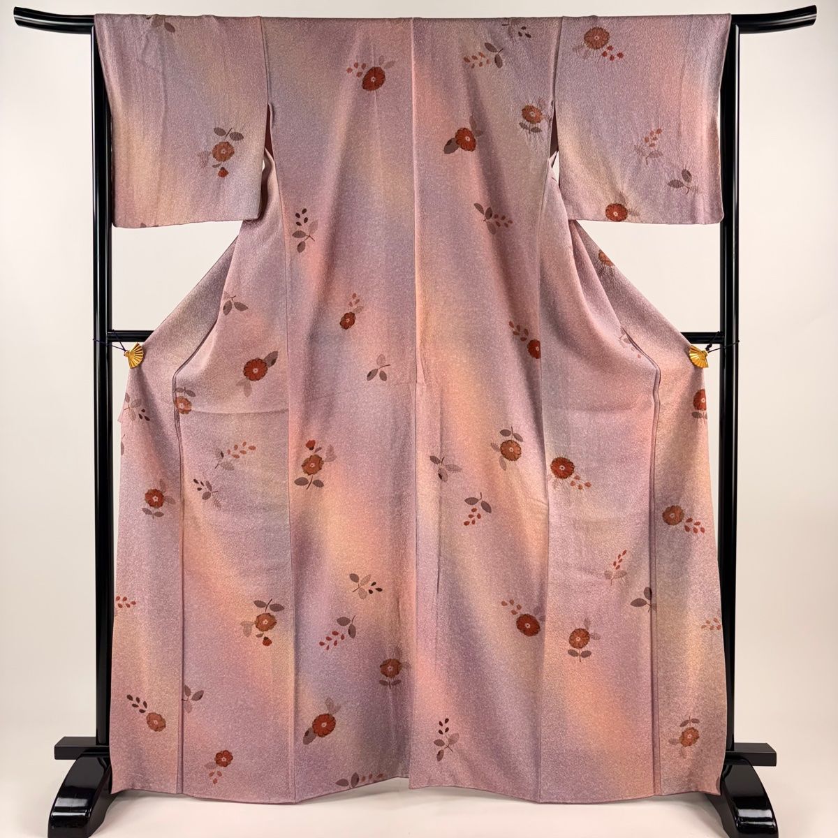 美品 小紋 総絞り 鹿の子 すみれ色 身丈157.5cm 裄丈64.0cm 正絹 小紋 身丈160.5cm 裄丈66.5cm M 単衣 紋意匠 向かい鳥 草花 灰色