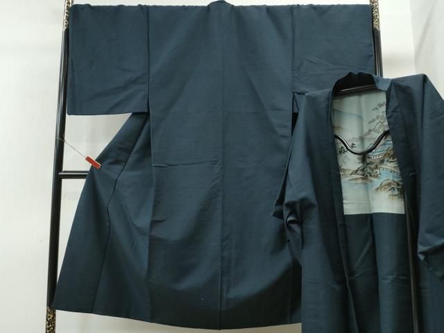 平和屋着物●男性 紬 アンサンブル 色無地 濃藍色 キングサイズ 正絹 CAAS6762yc