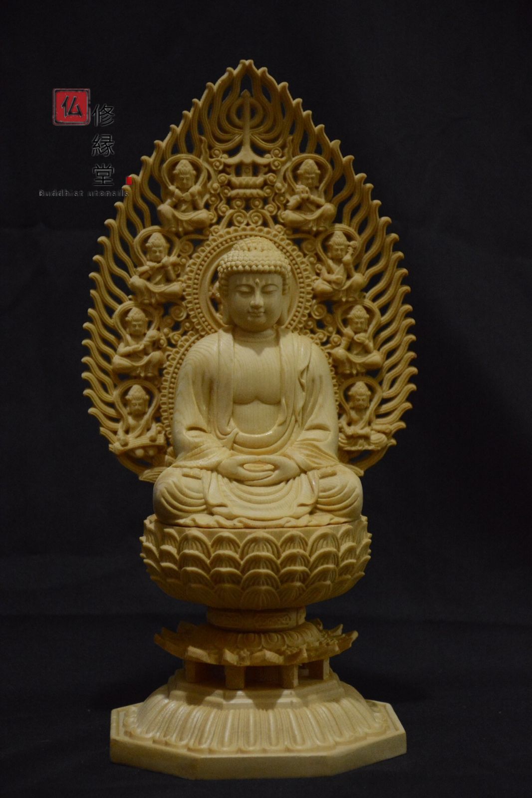 修縁堂】木彫仏像 阿弥陀如来立像 阿弥陀仏 彫刻 一刀彫 天然木檜材