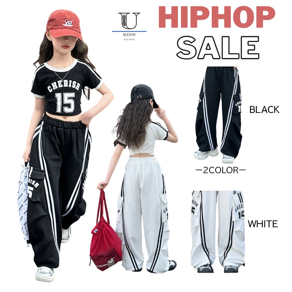 セール，低価 キッズ ダンス HIPHOP 衣装 パンツ カーゴ ボトムス ブラック 長ズボン・ロングパンツ