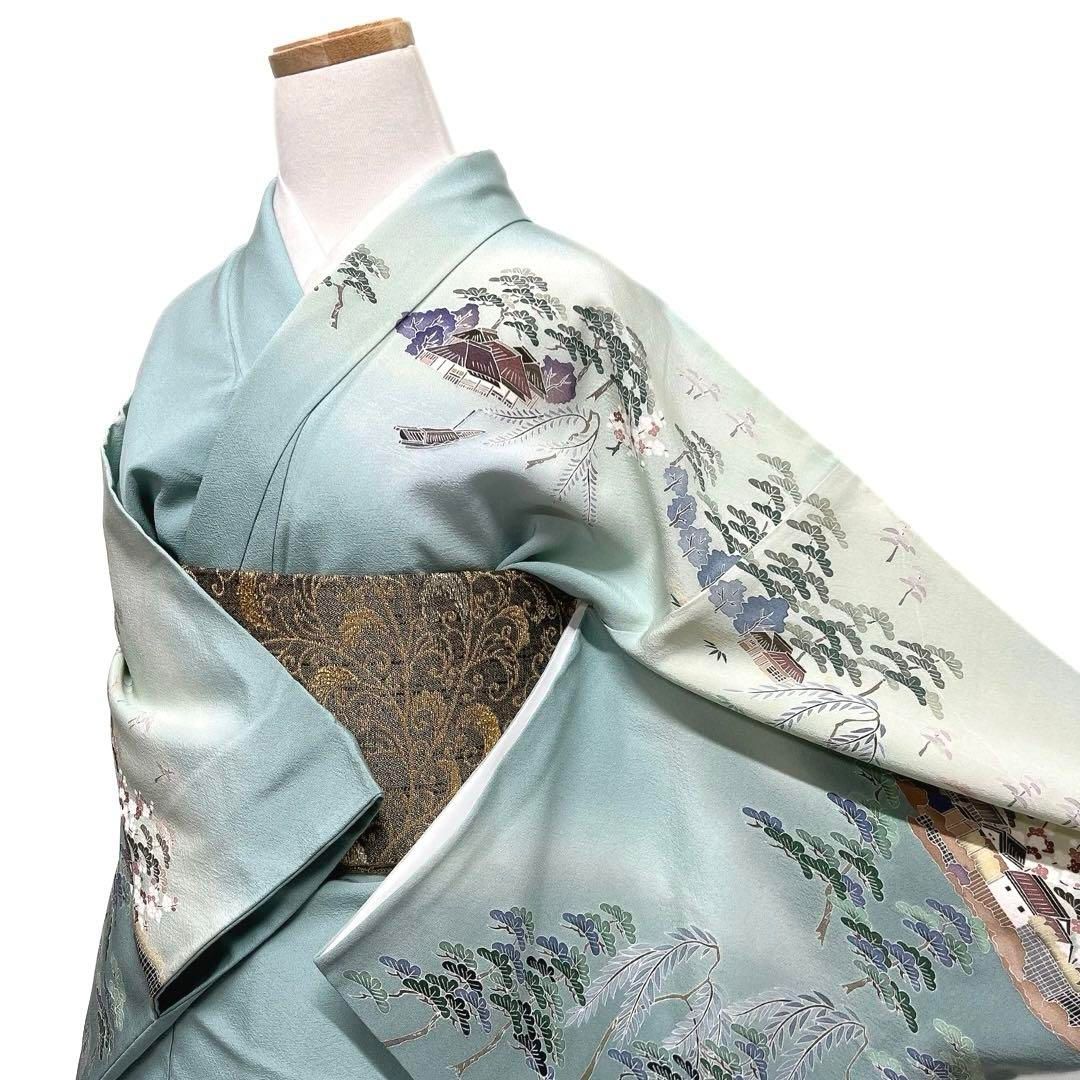 作家もの 訪問着 風景模様 橋 川辺 ヱ霞 松竹梅 家 紋無 着物 071a d