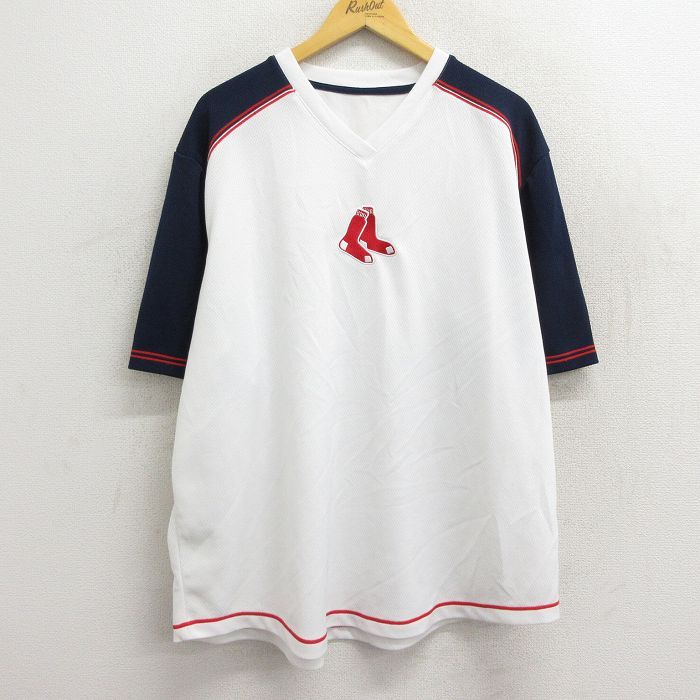 XL/古着 半袖 Tシャツ メンズ MLB ボストンレッドソックス メッシュ地 大きいサイズ Vネック 白他 ホワイト メジャーリーグ ベースボー
