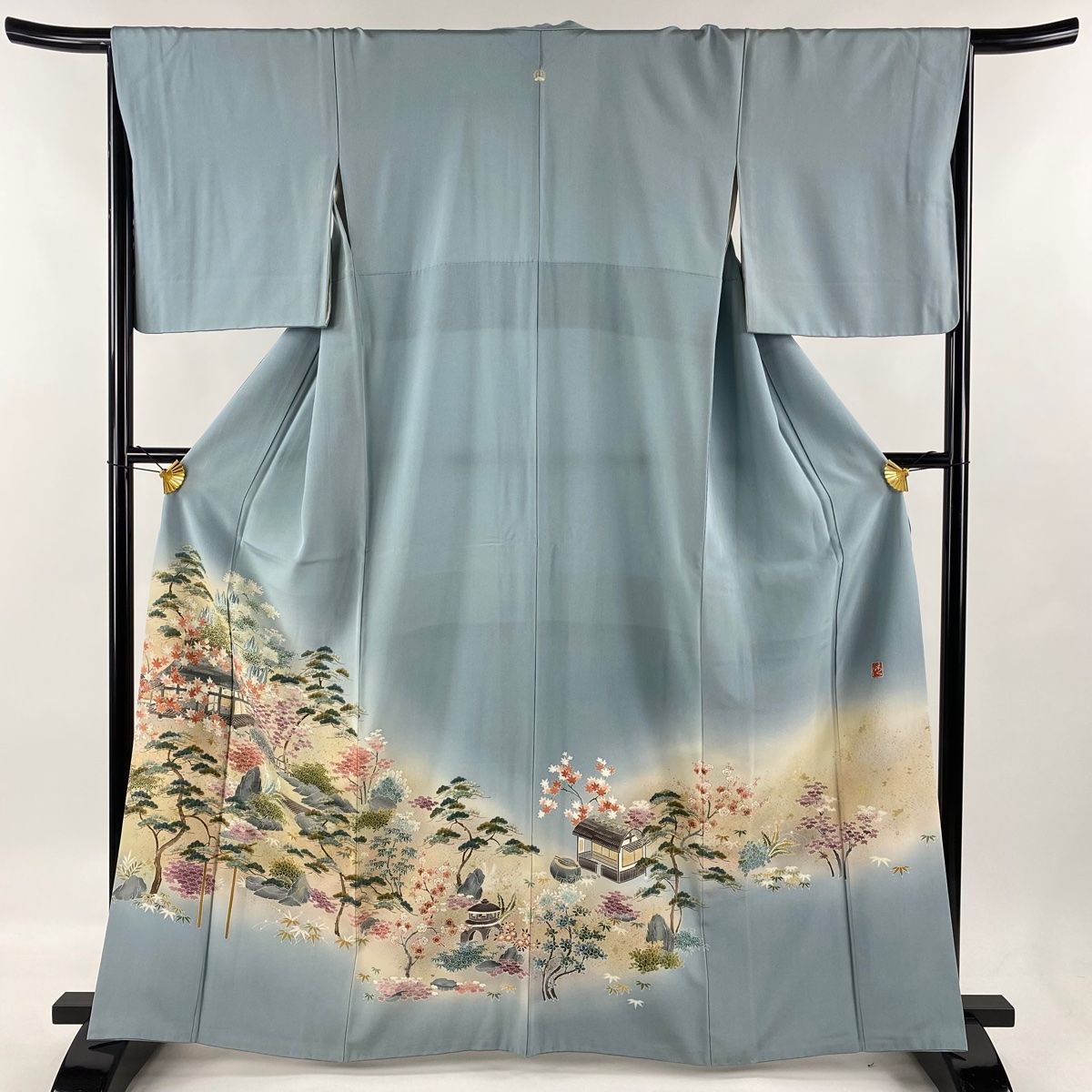 色留袖 身丈164cm 裄丈65.5cm M 袷 落款 建物 松竹梅 箔 金糸 水色 正絹 名品 一つ紋