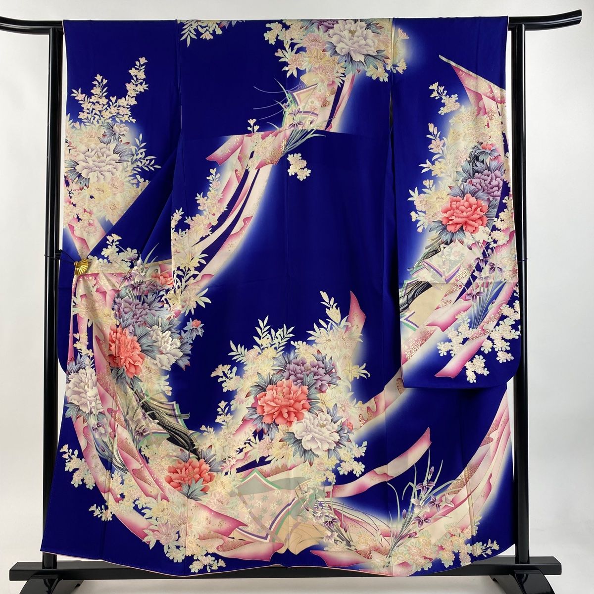 振袖 身丈157cm 裄丈62cm S 袷 牡丹 几帳 金彩 刺繍 青紫 正絹 秀品