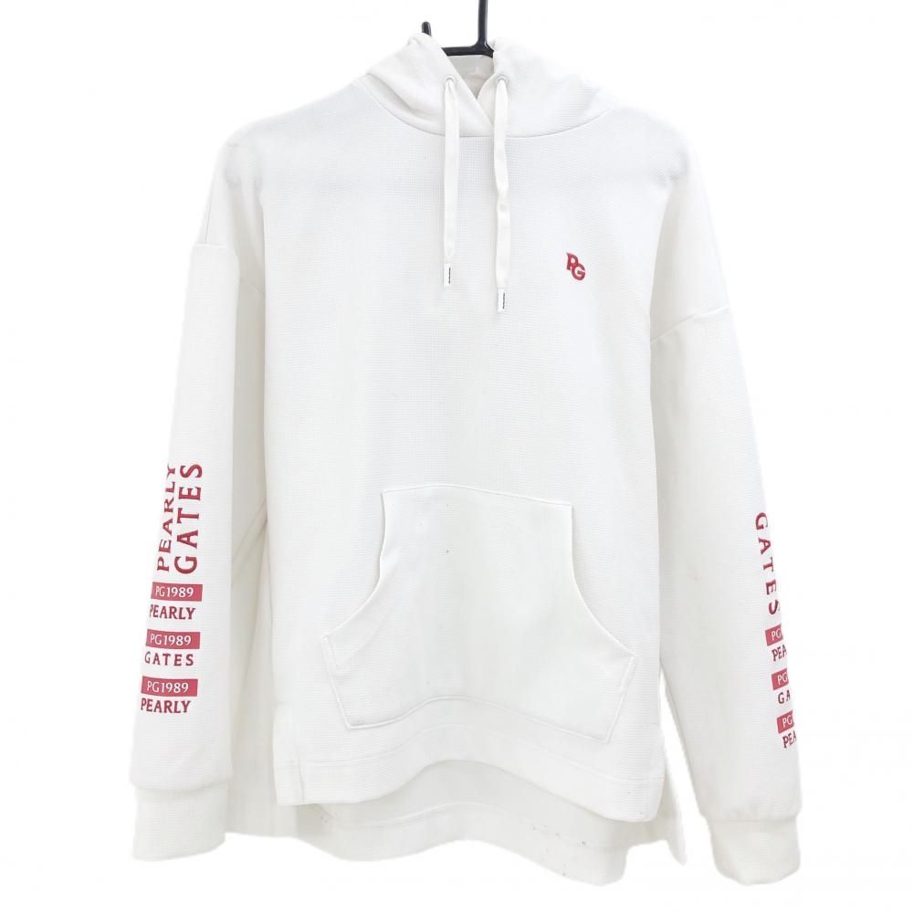 PEARLY GATES パーリーゲイツ パーカートレーナー フード ゴルフ 白 パーリーゲイツ パーカー 白×レッド 袖ロゴ レディース 2(L