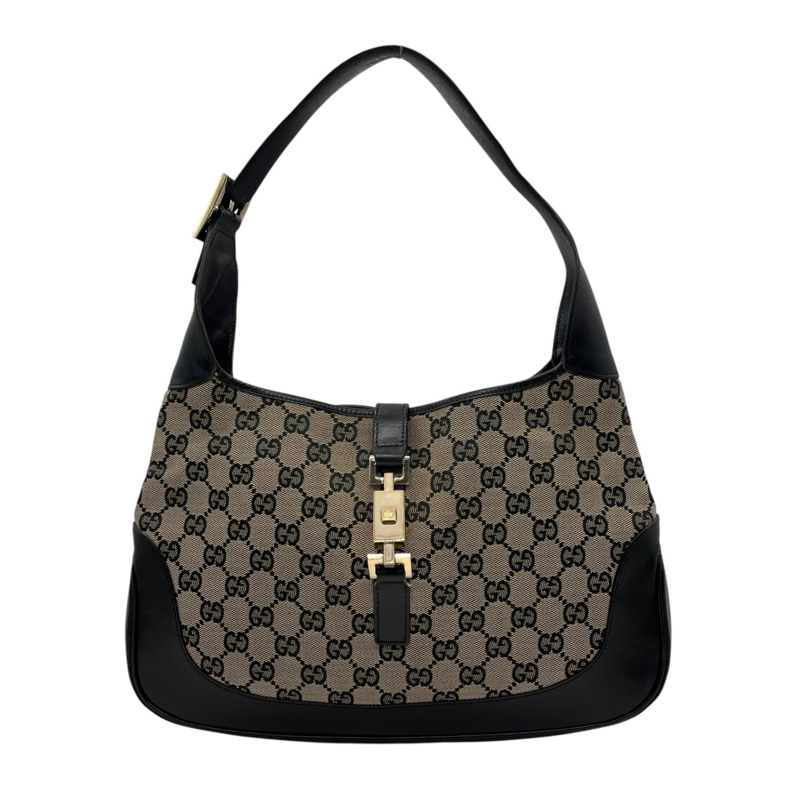 グッチ ワンショルダーバッグ ジャッキー GGキャンバス 肩掛け 黒 レザー グッチ GUCCI ジャッキー ワンショルダー 黒 キャンバス レザー GG柄