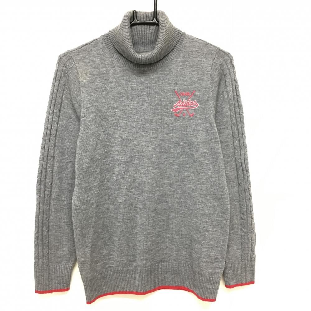 アディダス タートルネックセーター グレー×ピンク ロゴ刺しゅう ウール混 ニット レディース L/G ゴルフウェア adidas