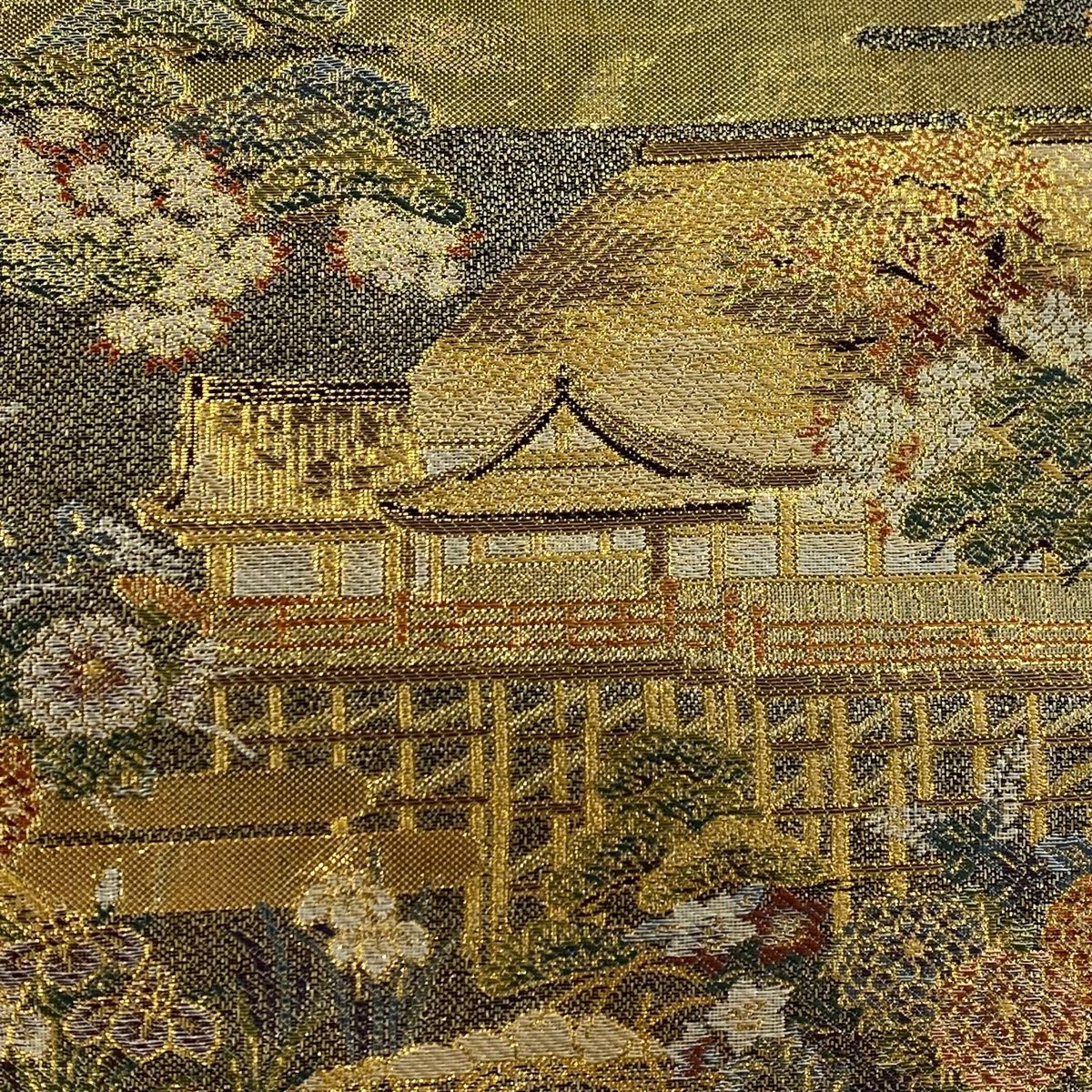 丸帯 風景 建物 箔 茶緑色 全通 正絹