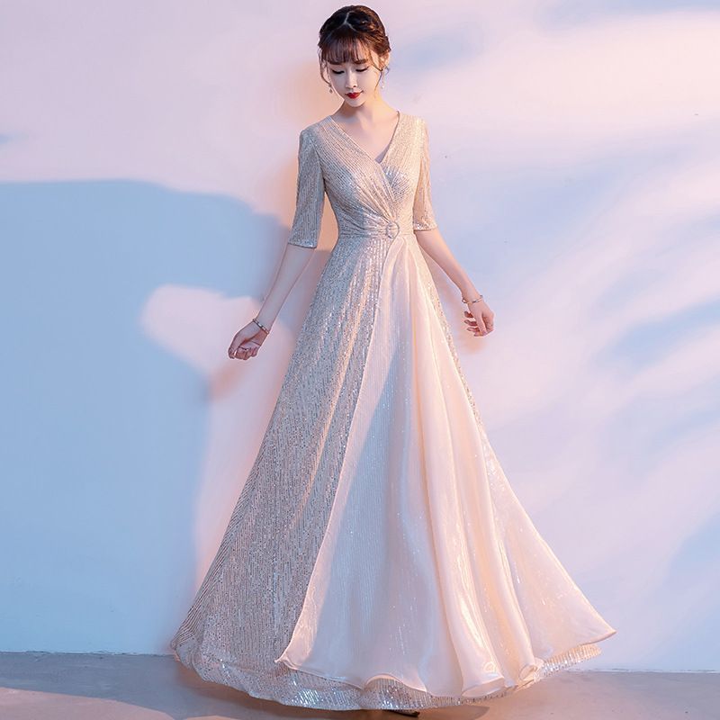 パーティードレス Vネック ワンピース ドレス パーティー 結婚式 袖あり ロング丈 ゆったり 体型カバー 発表会 フォーマル お呼ばれワンピース 披露宴 上品 Aライン シンプル きれいめ 大人 可愛い yuwei57 DZ30