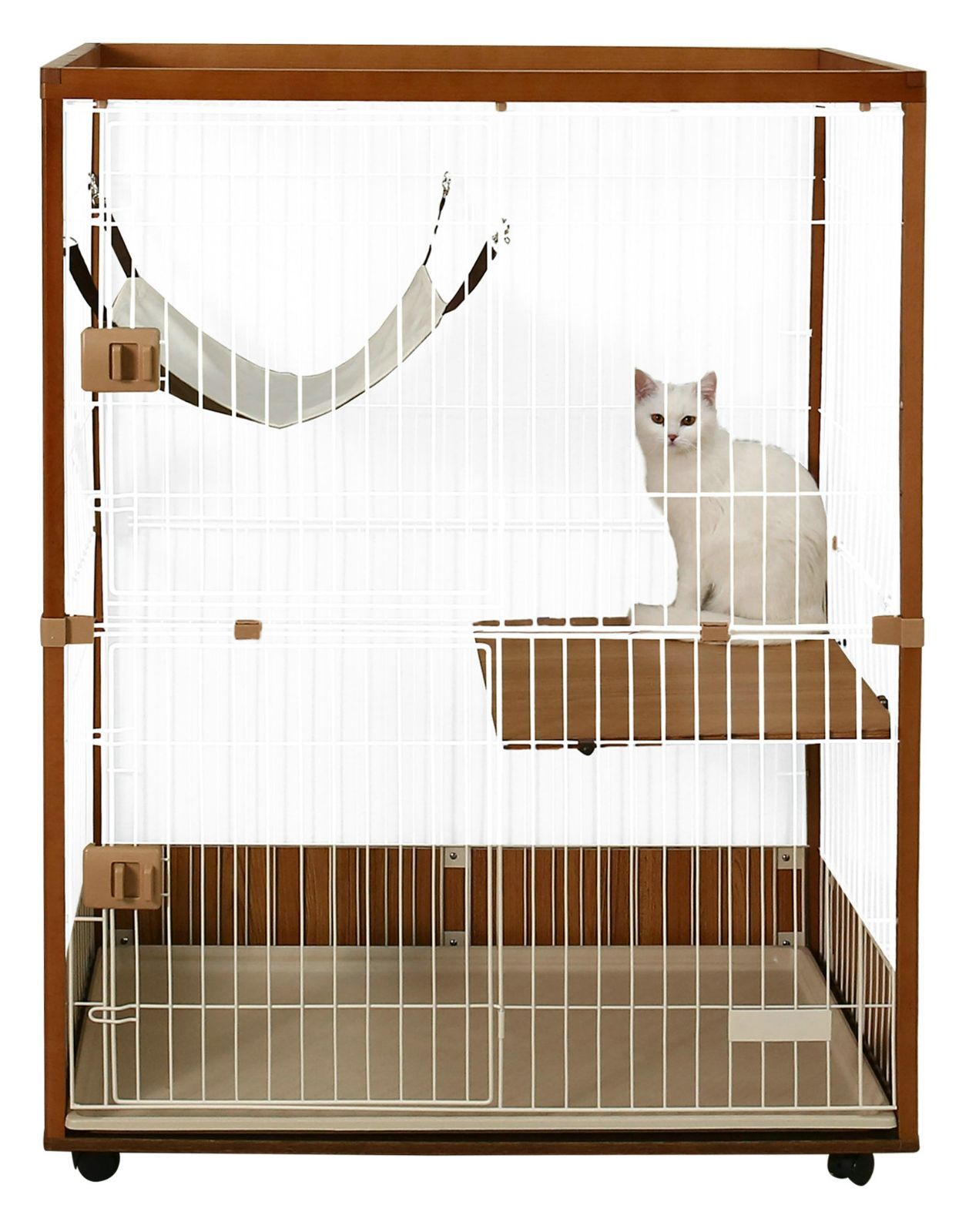 3個セット・送料無料 ieneko 猫ケージ 3段 天然木製 キャスター付 猫砂