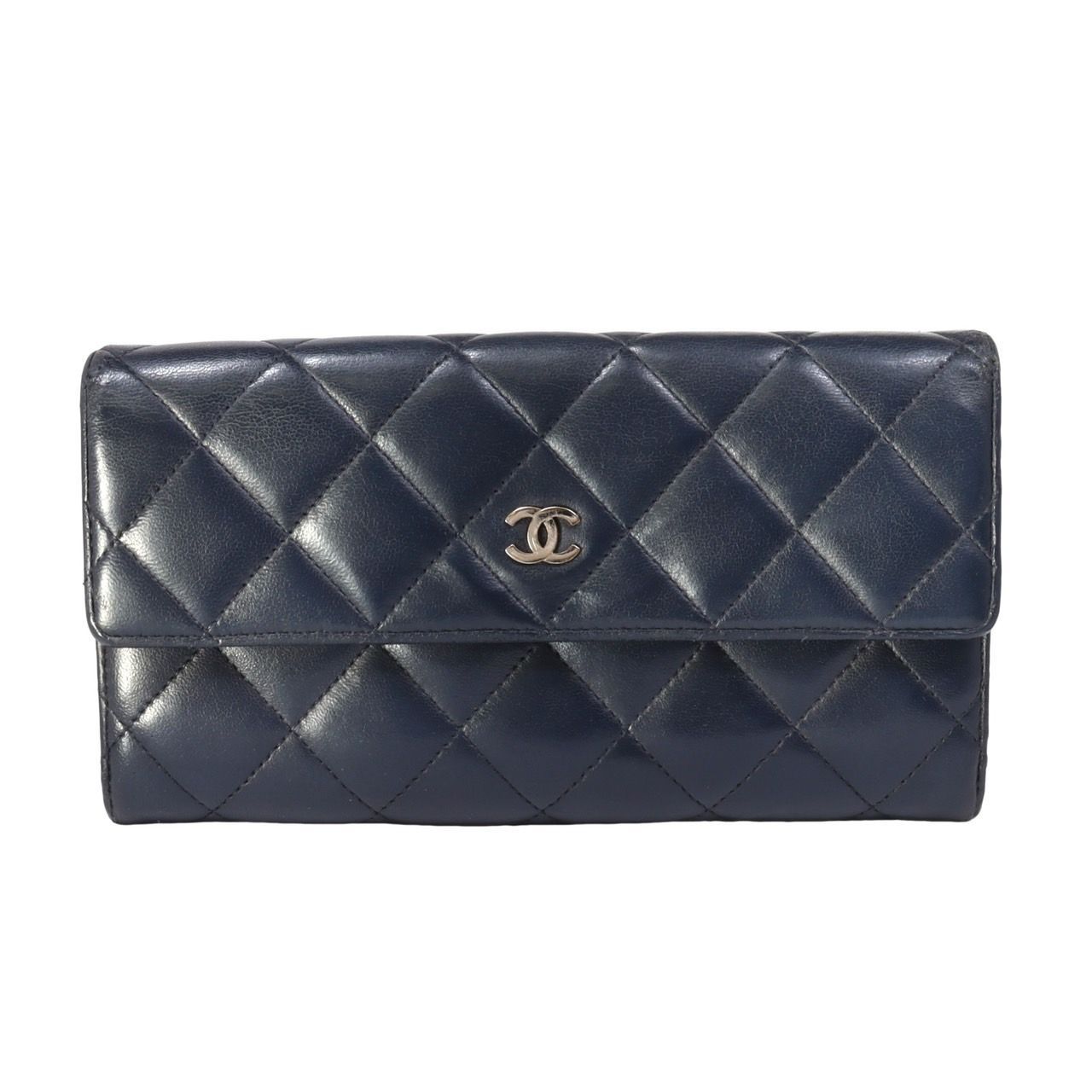 シャネル フラップ長財布 ラムスキン ネイビー/シルバー CHANEL シャネル マトラッセ フラップ ロングウォレット 長財布