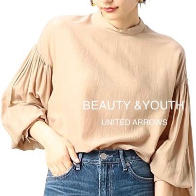 BEAUTY&YOUTH ウォッシャーギャザースリーブスタンドカラーブラウス