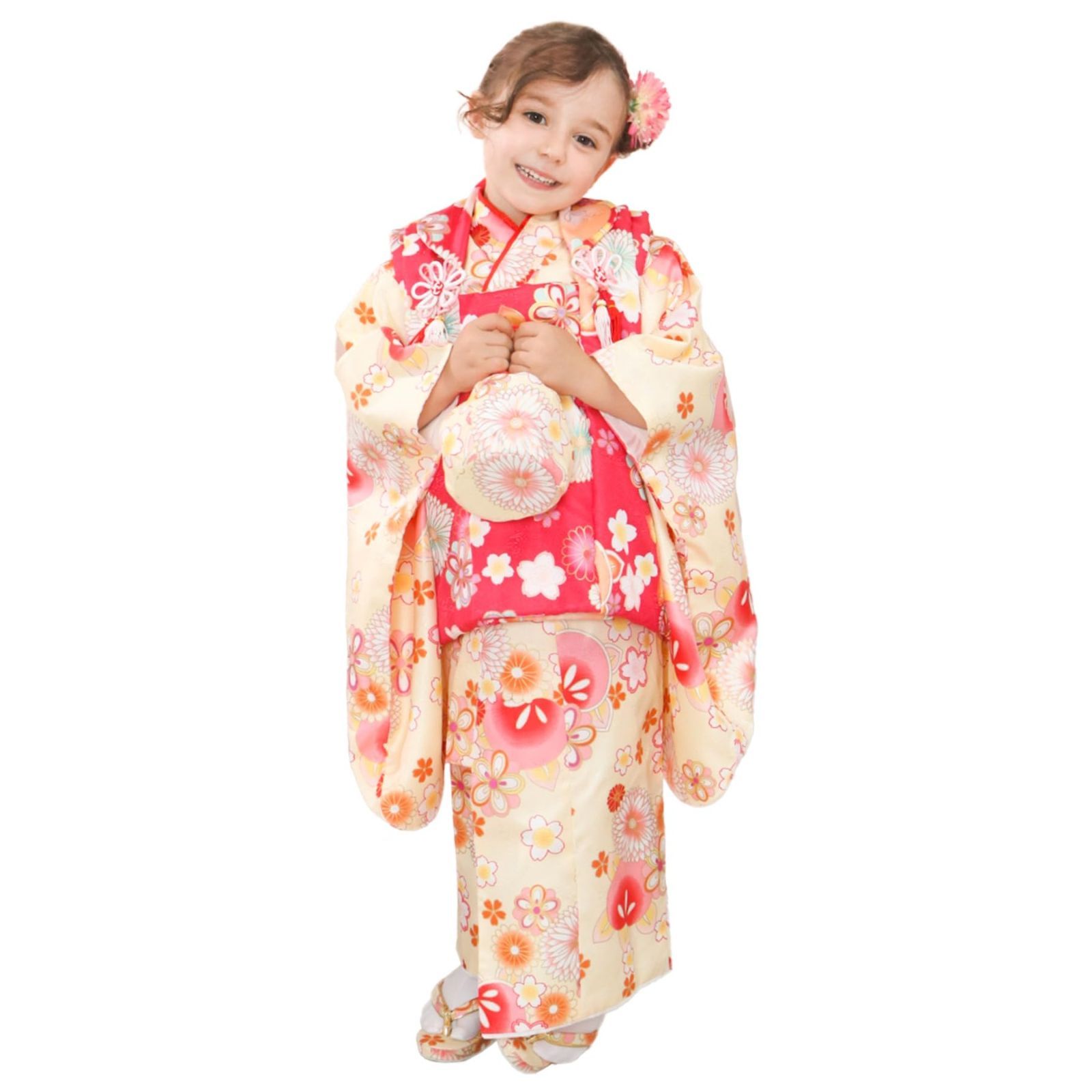 KYOETSU キョウエツ 着物セット 七五三用 3歳用 被布セット 華やかC 9点セット 柄被布 柄着物 伊達衿 長襦袢 髪飾り 巾着 草履 腰紐 足袋 ガールズ ワンサイズ 11.花々のしらべ