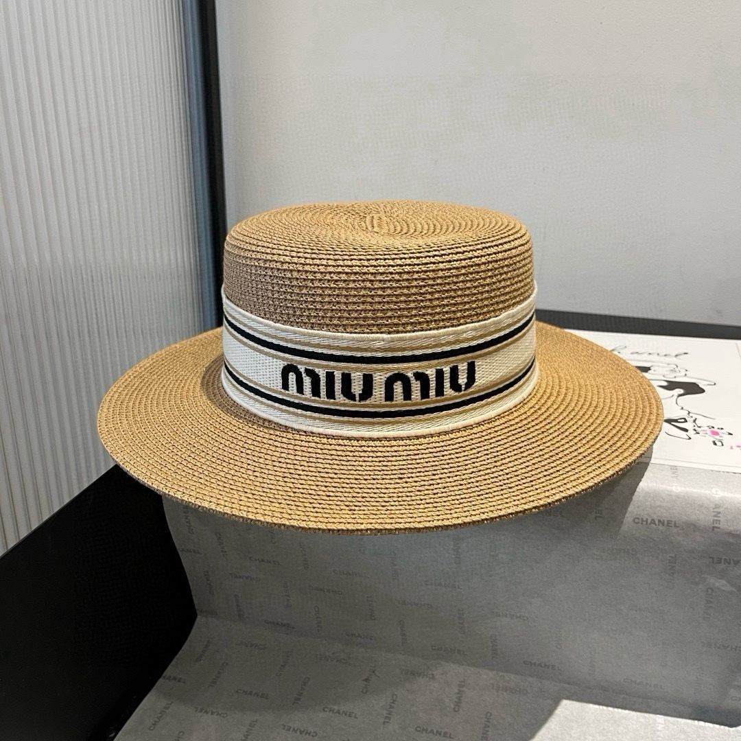 今日特価】Miu Miu 新着 台湾 PP 草 平頂ストローハット-2
