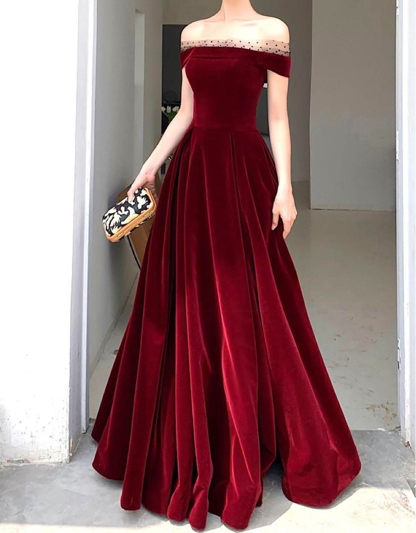 リボンが可愛い パフスリーブのイブニングドレス 結婚式ドレス ワイン