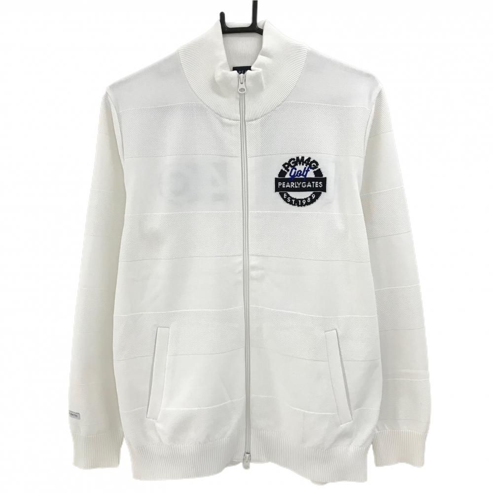 超 パーリーゲイツ ニットジャケット 白 ボーダー ダブルジップ ロゴ黒 メンズ 5 L ゴルフウェア PEARLY GATES