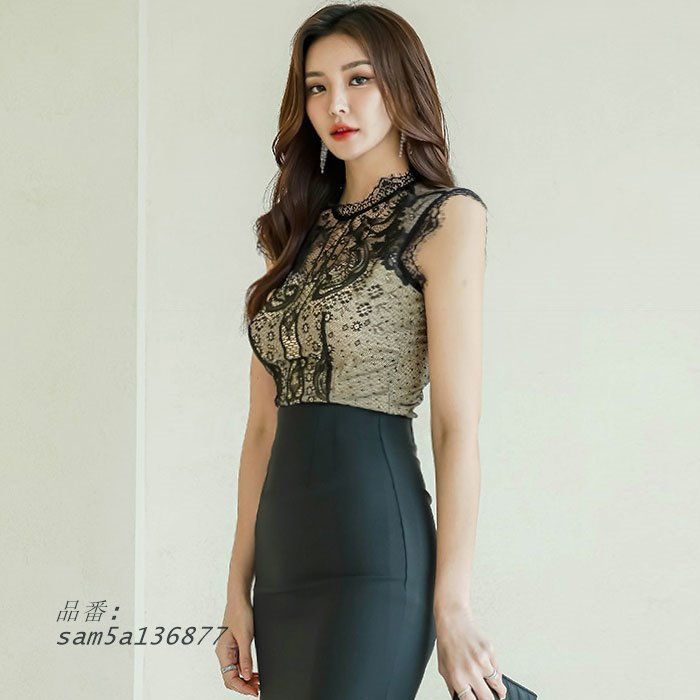 シースルーレース刺繍 ノースリーブ膝丈タイトワンピース 黒 セクシー キャバ スナックラウンジ ドレス 韓国 am5a136877