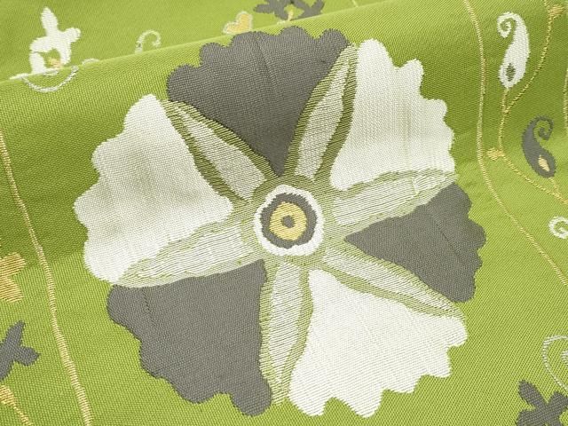 平和屋着物□極上 洛風林 工芸帯地 九寸名古屋帯 花唐草文 青丹