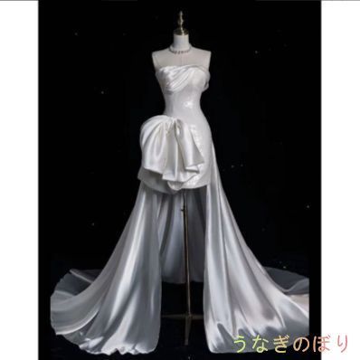 ウェディングドレス フレンチ シンプル シルク 結婚式 パーティー ロングドレス 二次会 結婚式 前撮り ブライダル 花嫁 ビスチェ ベアトップ サテン 後ろリボン 1194