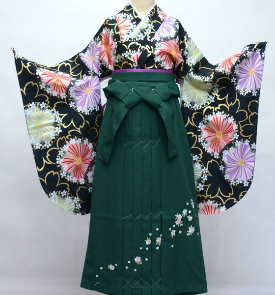 二尺袖 着物 袴フルセット From KYOTO 黒地 ちりめん地 着物丈は着付け 