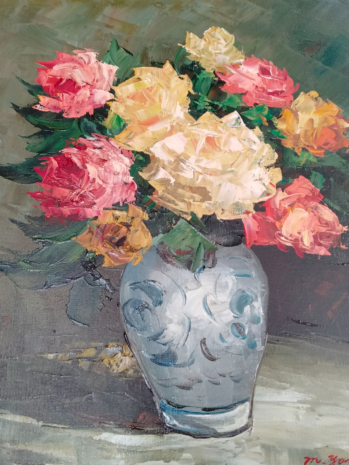 額装有り】山本雅勝 薔薇 バラ 油彩画 花 インテリア 作品上