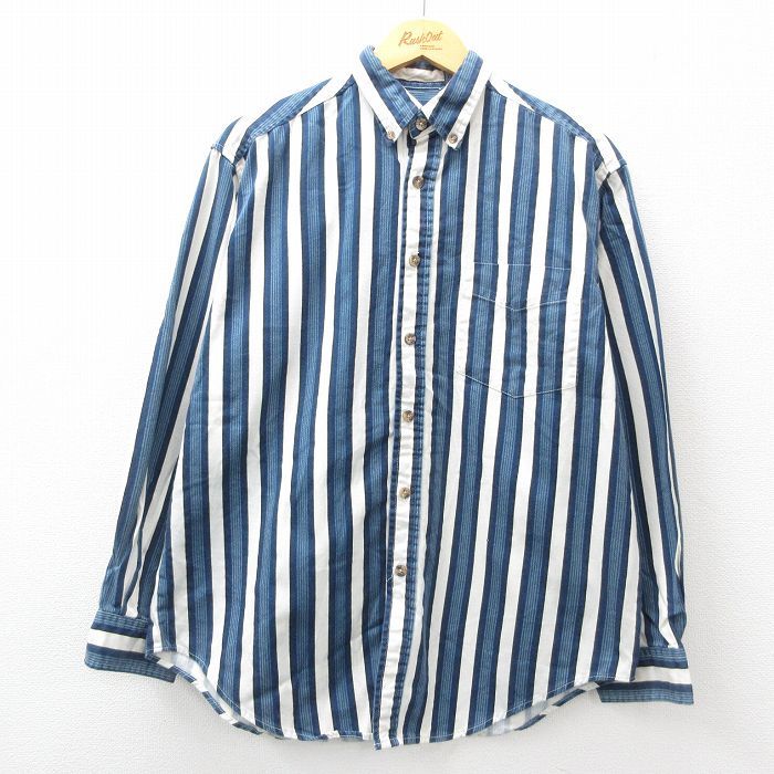L/古着 ルート66 長袖 シャツ メンズ 00s コットン ボタンダウン 紺 ネイビー ストライプ 24sep02 中古 トップス