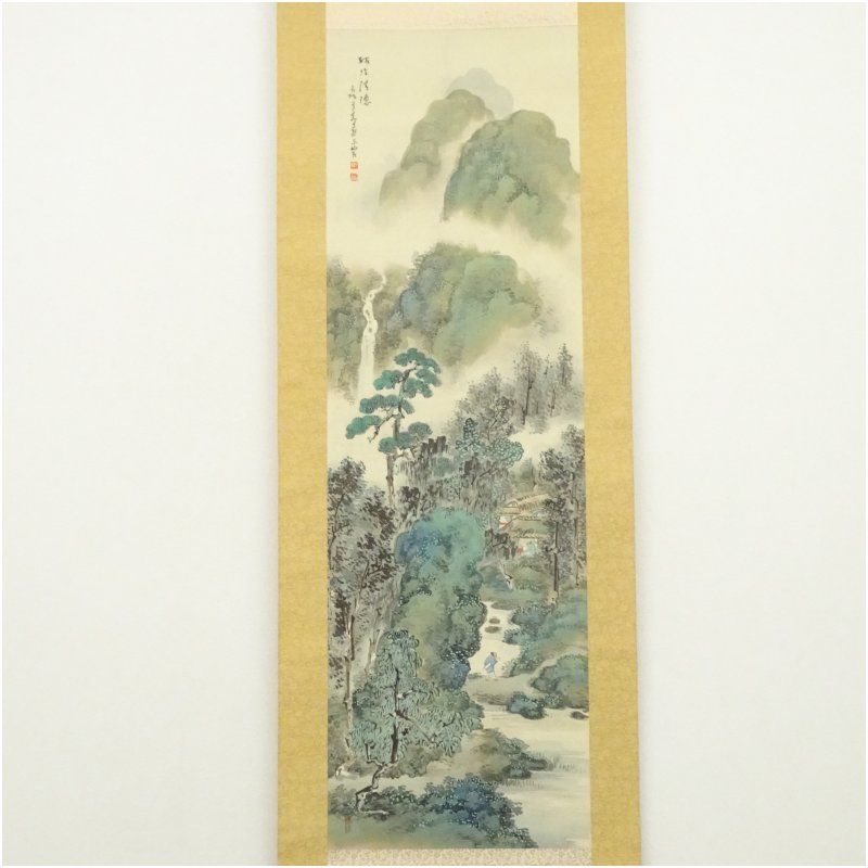 貫 山 筆 絹本 彩色画 【 風景画 】 軸先木 表具上部裏 貫 山 筆 絹本 彩色画 【 風景画 】 軸先木 表具上部裏