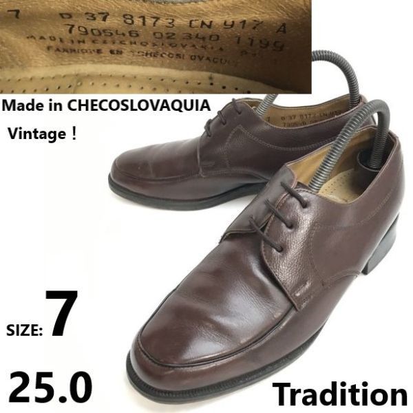 80s-90s|Vintage|チェコスロバキア製 Tradition 本革|Uチップ 7|25.0茶 冷戦時代|ビジネス|ドレスシューズ|Leather|Dress shoes◆sC-42<sale>