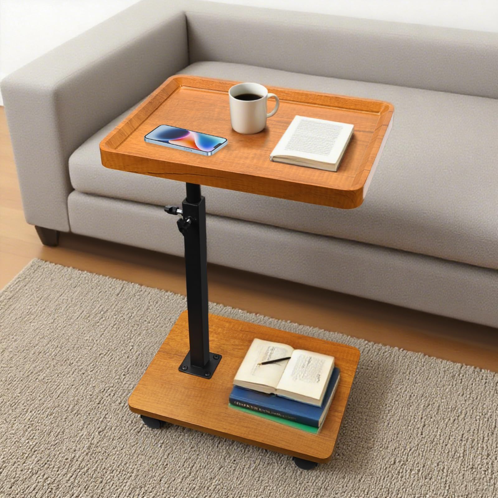 RAKU】正規品 サイドテーブル 昇降式 ベッドサイドテーブル 介護テーブル 幅80cm 無段階高さ調節 薄型キャスター付き ラク移動  手元に引き寄せるデザイン (ナチュラル) | えびすーJapan サイドテーブル 昇降式 ベッドサイドテーブル 360度自由回転 ソファーテーブル 介護 高さ調整 耐水 高温に強い 安定 耐荷重がい