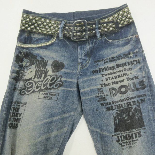 ヒステリックグラマー HYSTERIC GLAMOUR × ニューヨークドールズ NEW YORK DOLLS コラボ 美品 ストレッチパンツ  転写プリント デニム調 青 ブルー 系 F 1229