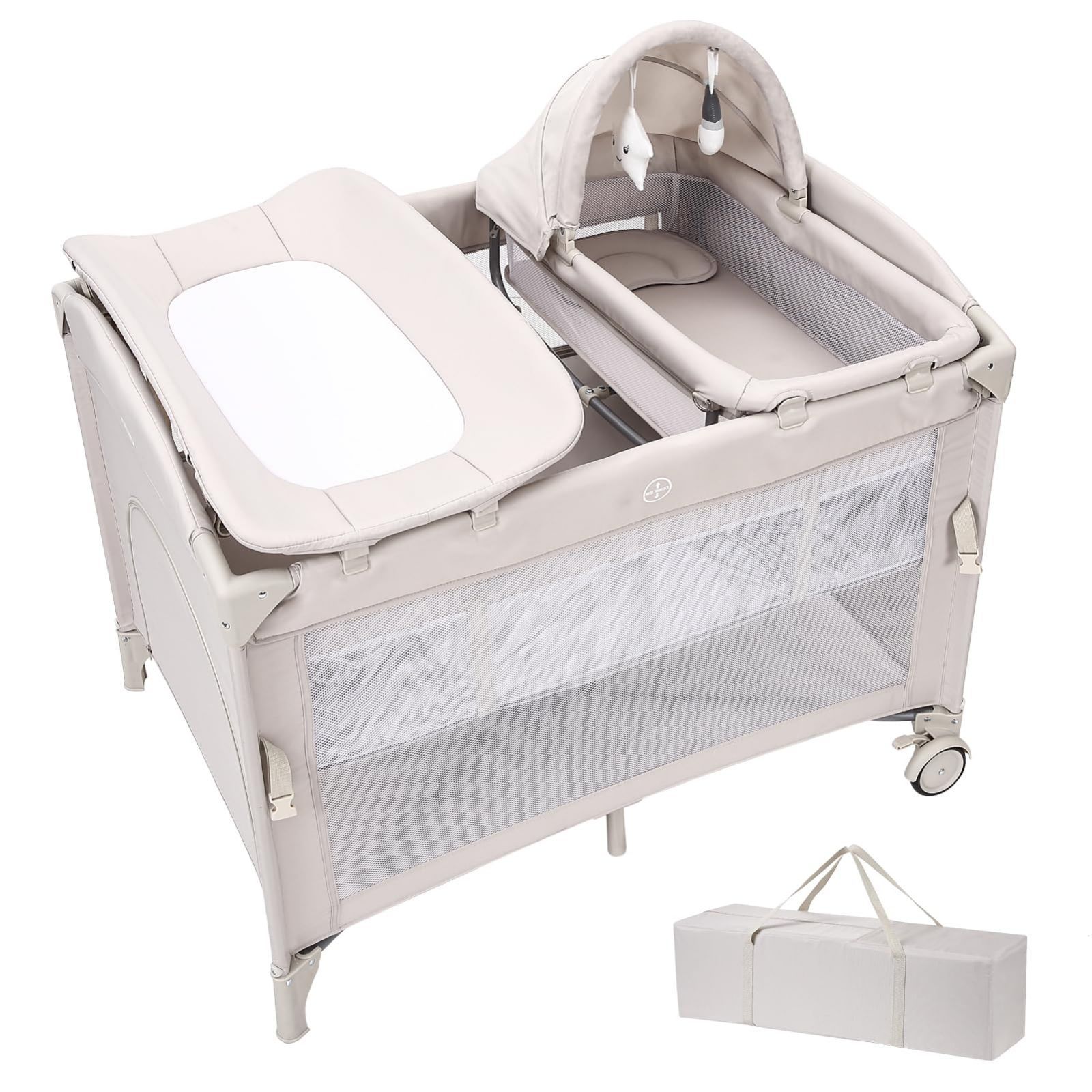 Thinkmax ベビーベッド 折りたたみ 添い寝 揺りかご おむつ交換台 プレイヤード マットレス付き ベビーサークル キャスター クーファン 赤ちゃんベッド クーファン 長く使える プレゼント 出産祝い ベージュ