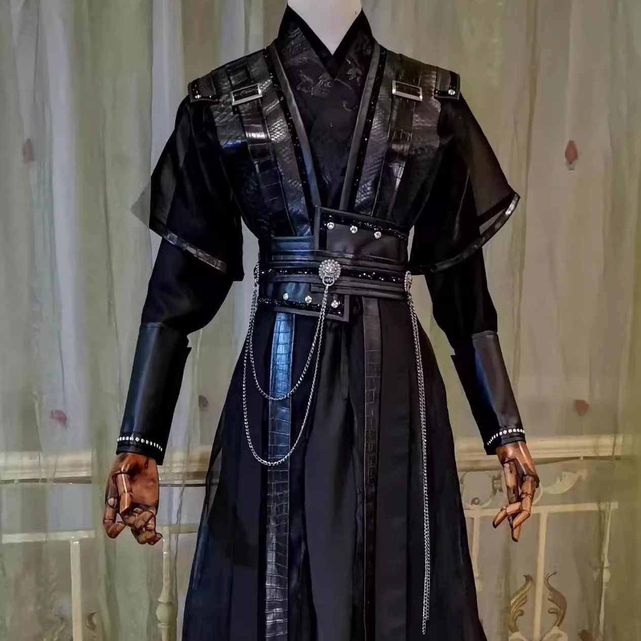 黒色メンズ漢服セット 武士 剣豪 浪人 フルセット コスプレ 撮影 武侠風 古風 ステージ衣装 コスプレ 黒 大きいサイズ 剣士 侠客 侍 コスチューム 中華風 演出服 学園祭 文化祭 写真撮影 舞台衣装 ハロウィン パーティー男女兼用