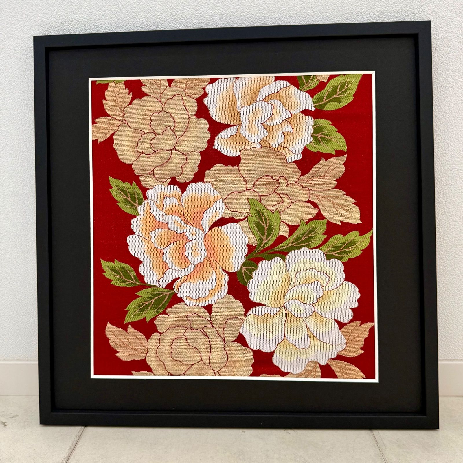 京都帯屋さん フレーム入りシルク織物アート むくげ 赤