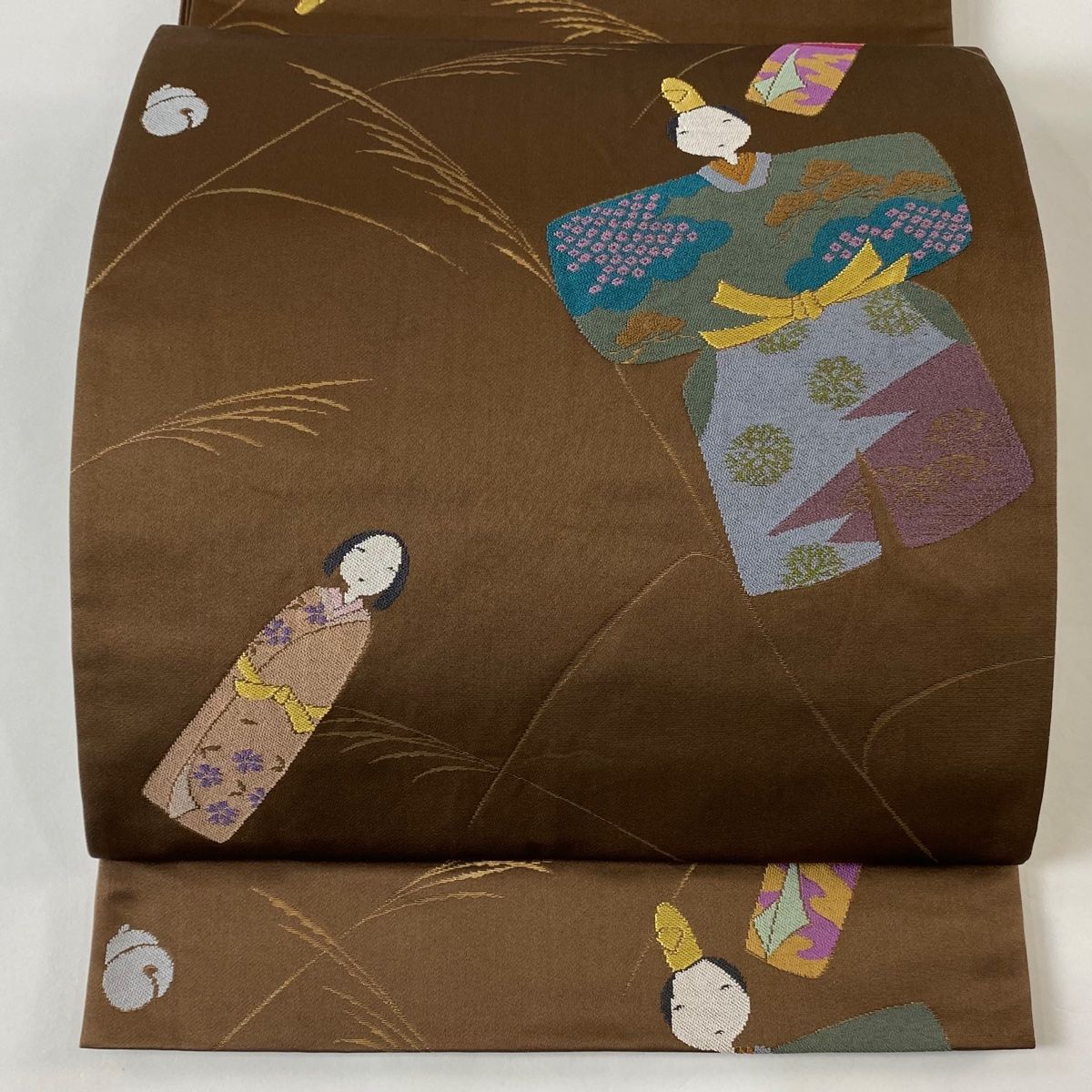 袋帯 逸品 辻村ジュサブロー 落款 玩具 ススキ 金糸 箔 茶色 六