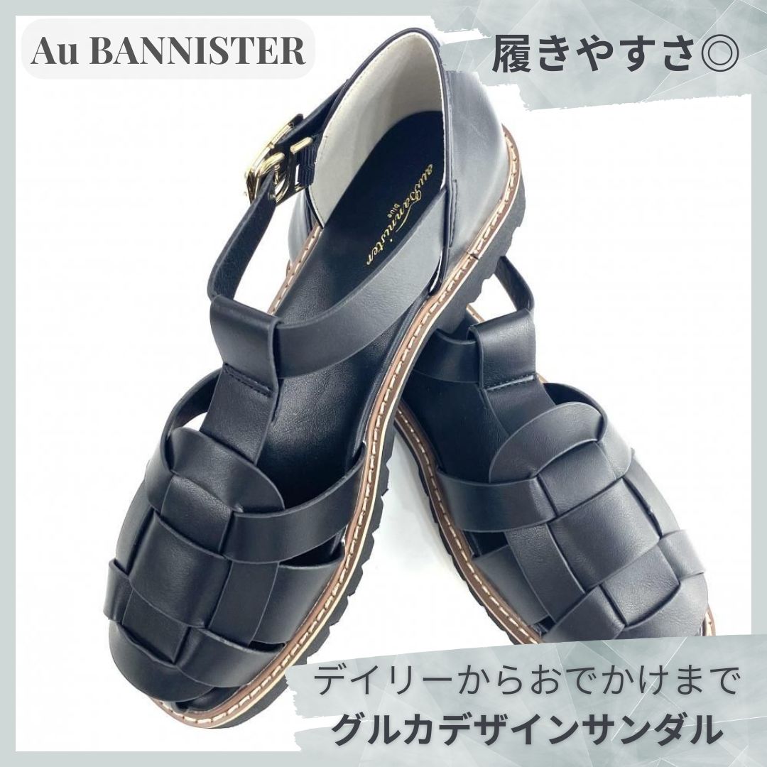 トレンド感◎ Au BANNISTER グルカサンダル ブラック 22.5 23.0 23.5 24.0 レディース 厚底 フラットシューズ レザー風 ストラップ サンダル 夏 春 お出かけ