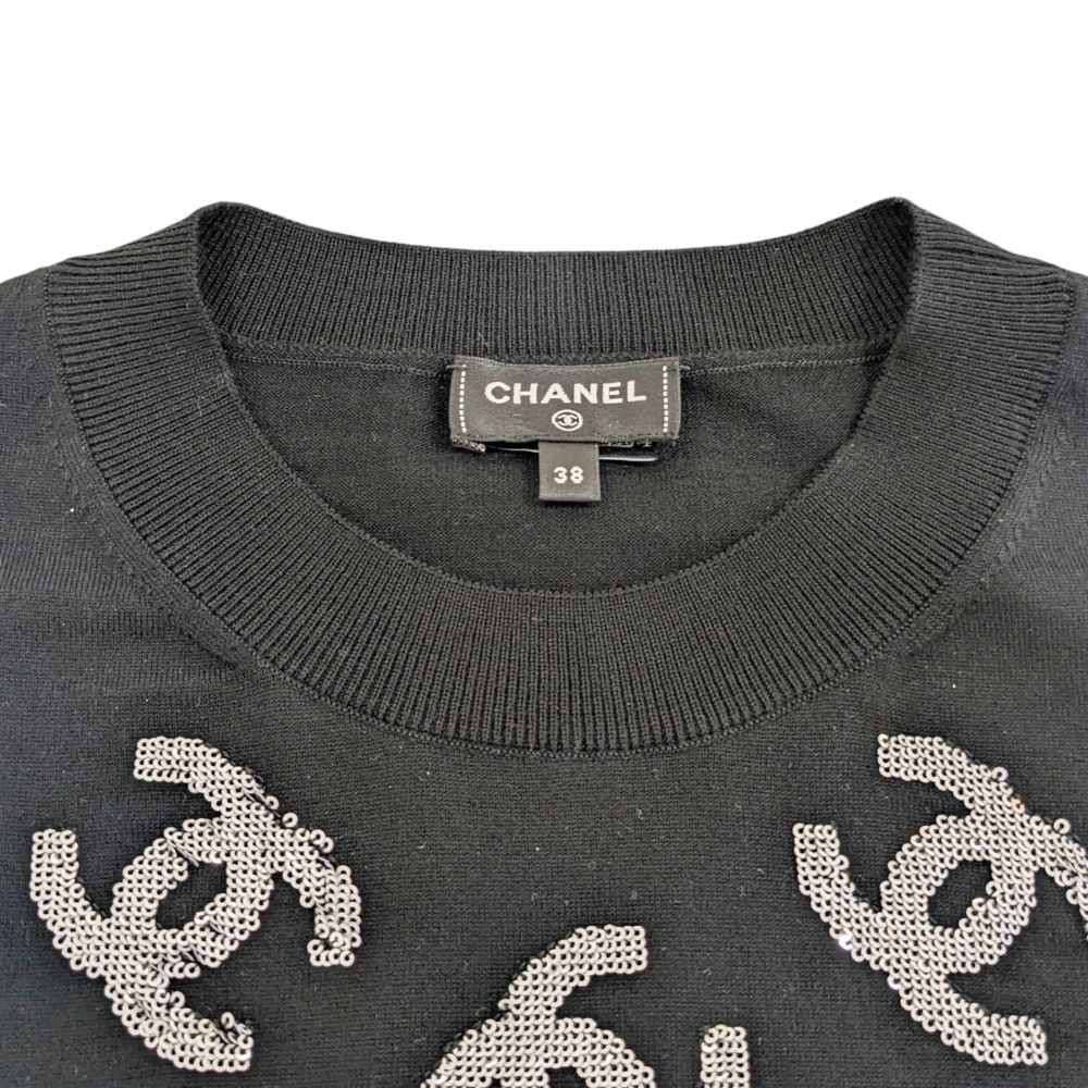 CHANEL シャネル 半袖ニット スパンコール ロゴ 白 黒 ピンク