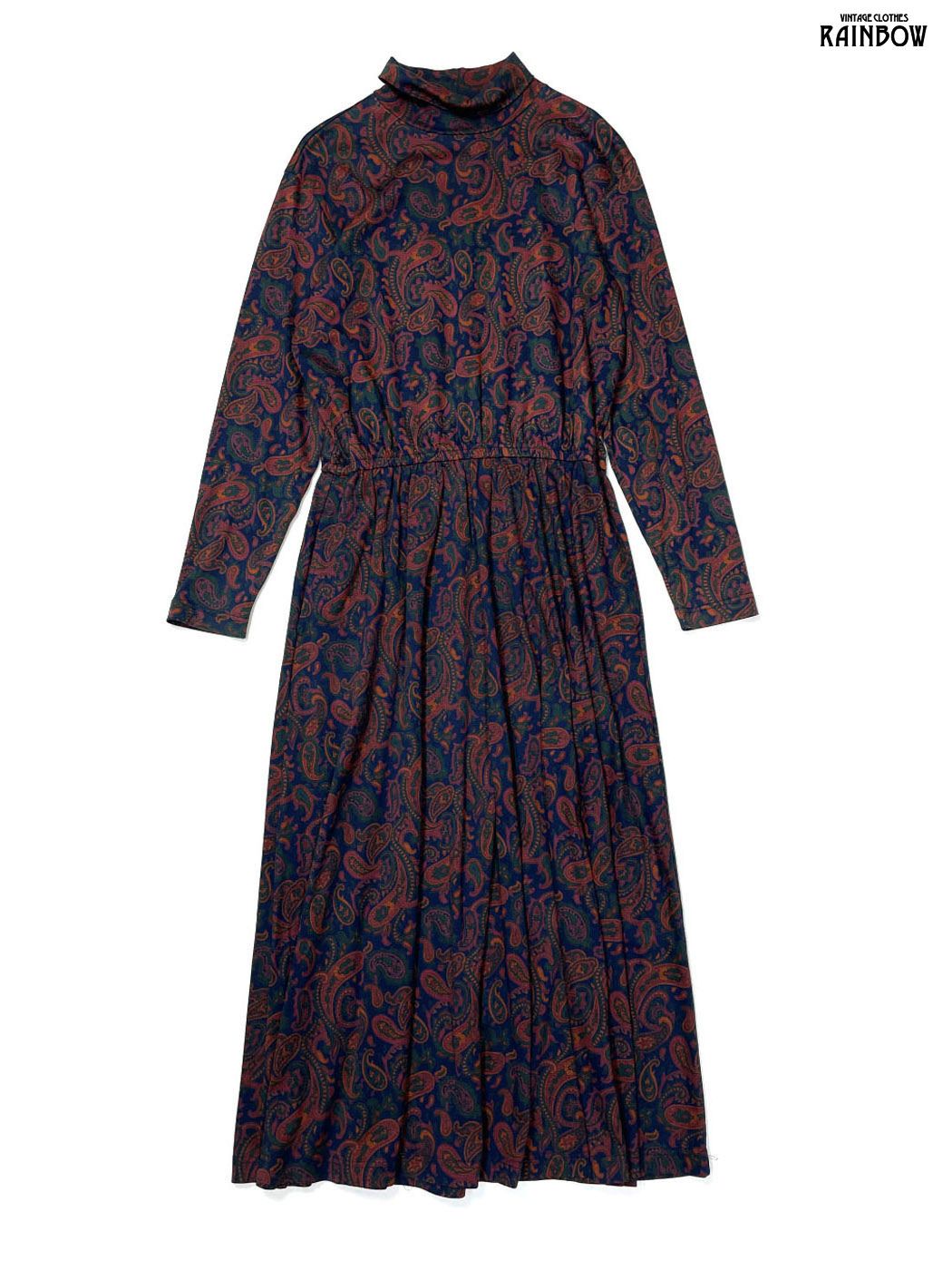 古着 LANDS END ランズエンド アメリカ製 タートルネック 総柄 ペイズリー柄 コットン100％ ロング丈 長袖 ワンピース 紺 otu2508088