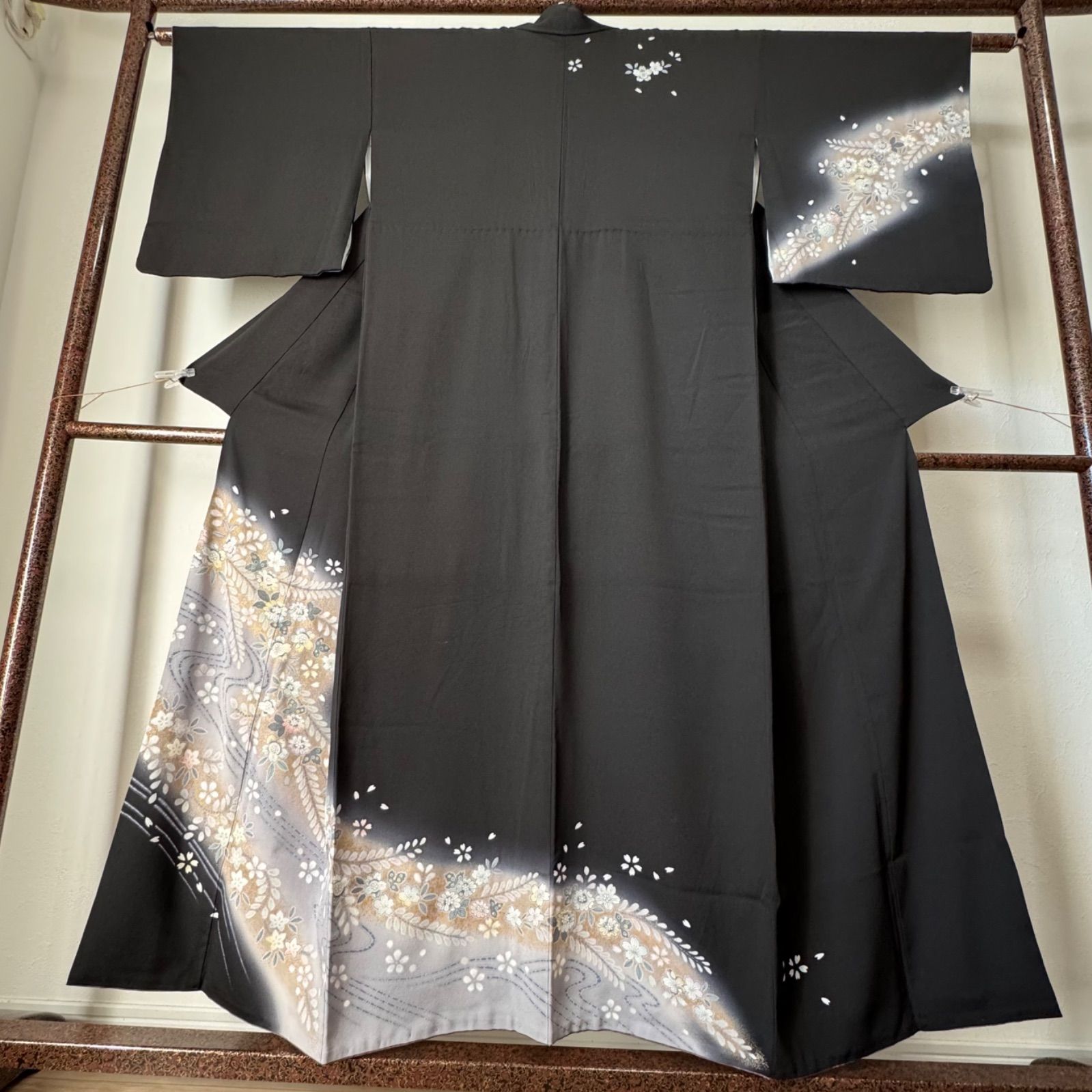 超美品正絹袷現代訪問着付け下げ着物黒156裄67 桜辻ヶ花