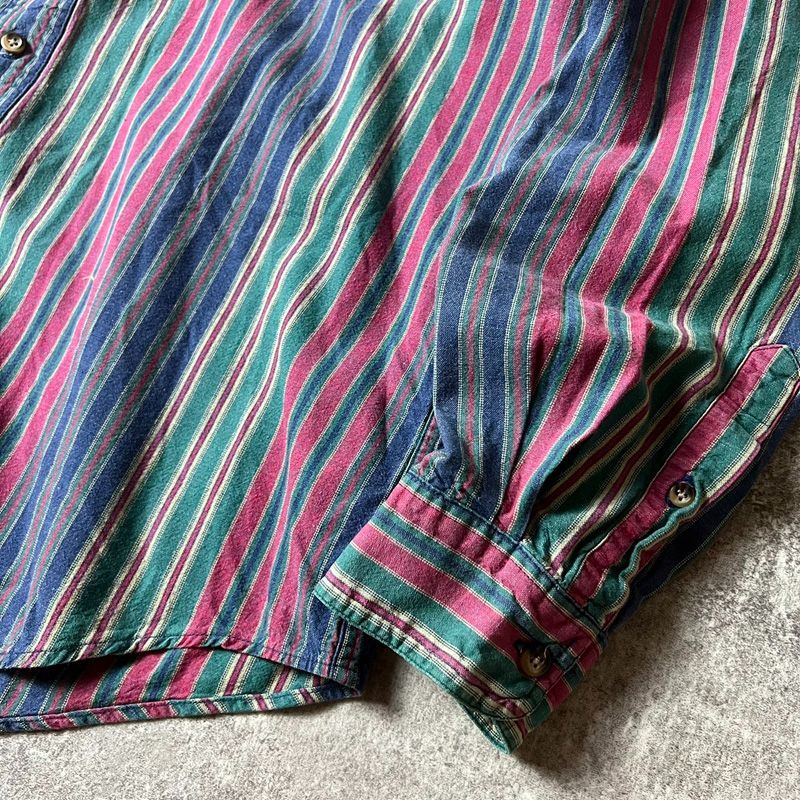 80s 黒タグ Eddie Bauer ストライプ コットン ボタンダウン シャツ L