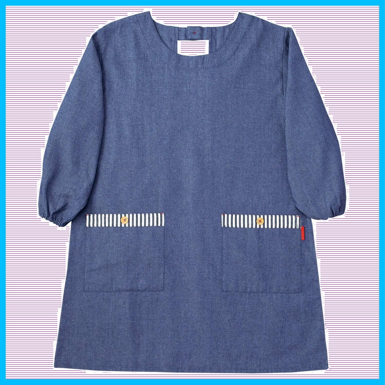 商品 コモライフ オシャレなデニム調割烹着 エプロン しわになりにくい サイズ M~L ゆったりめ 袖付きエプロン 保育士 キッチン デニム割烹着