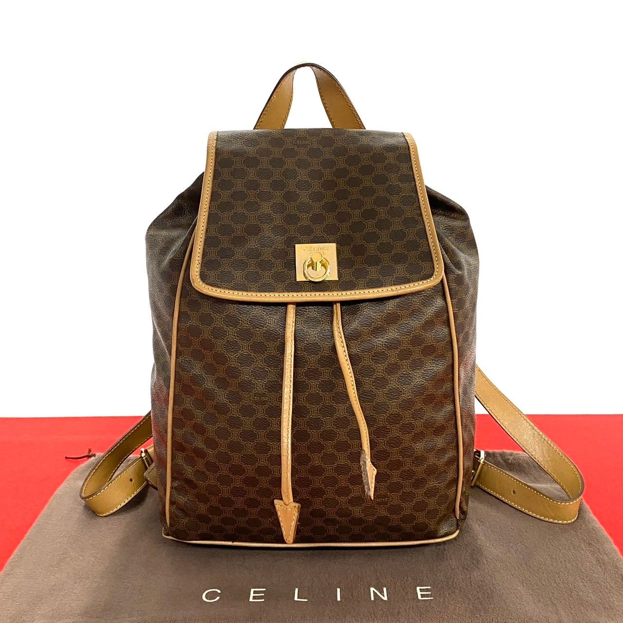 極 美品 CELINE セリーヌ マカダム ブラゾン トリオンフ 柄 ロゴ リング金具 レザー リュックサック バックパック ブラウン 27581 -  メルカリ