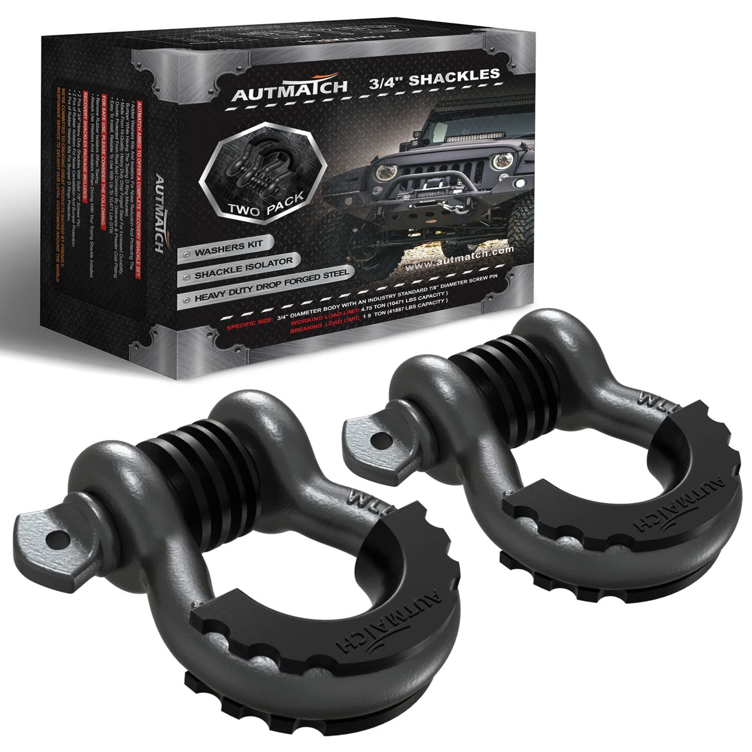 AUTMATCH Dリング シャックル 3|4 2個セット 破断強度約19トン 7|8 スクリューピン シャックルアイソレーター ワッシャー付き 牽引ストラップ ウィンチ オフロード車 ガンメタルグレー 1.90cm 3|4インチ シャックル