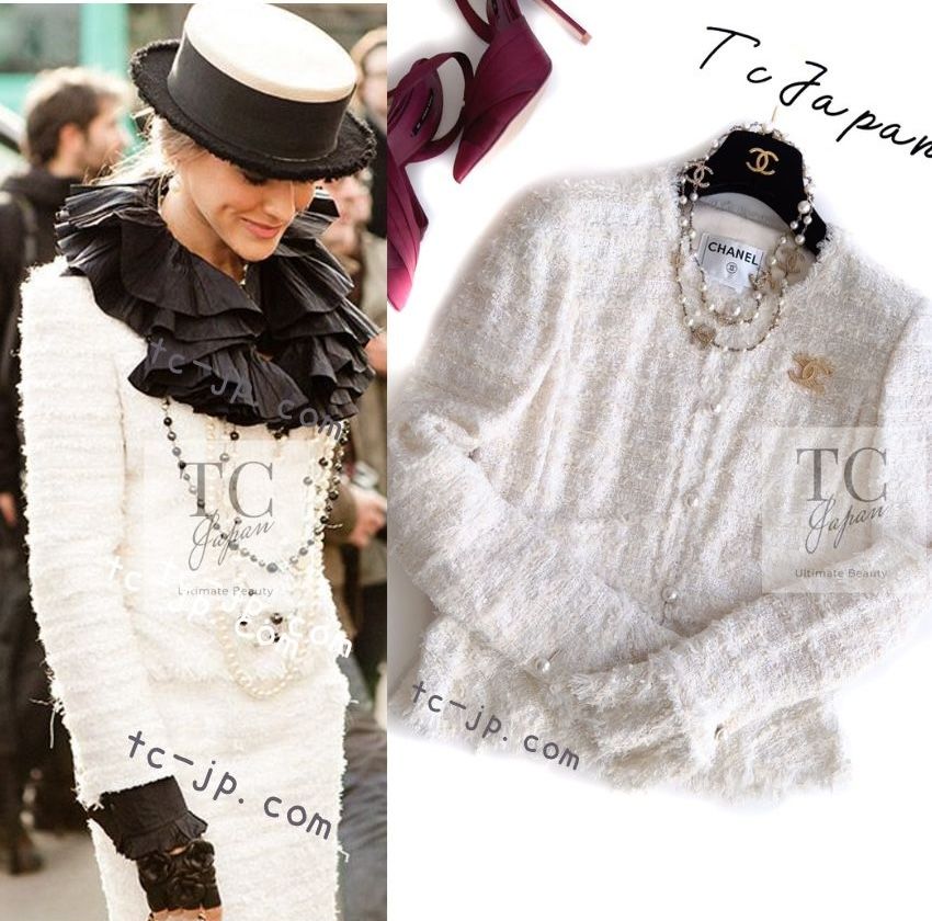 シャネル ジャケット CHANEL 84万 アイボリー ホワイト パール CC ボタン ルサージュ ツイード 34 36 女優着 セレブ カールラガーフェルド モデル