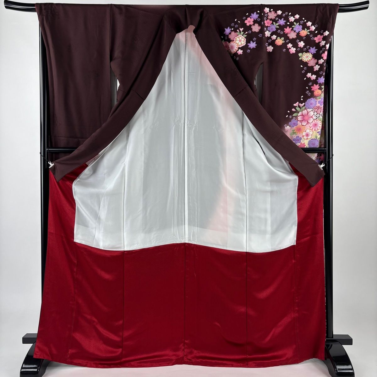 振袖 身丈171cm 裄丈65cm M 袷 御所車 草花 金糸 金彩 紫 正絹 秀品