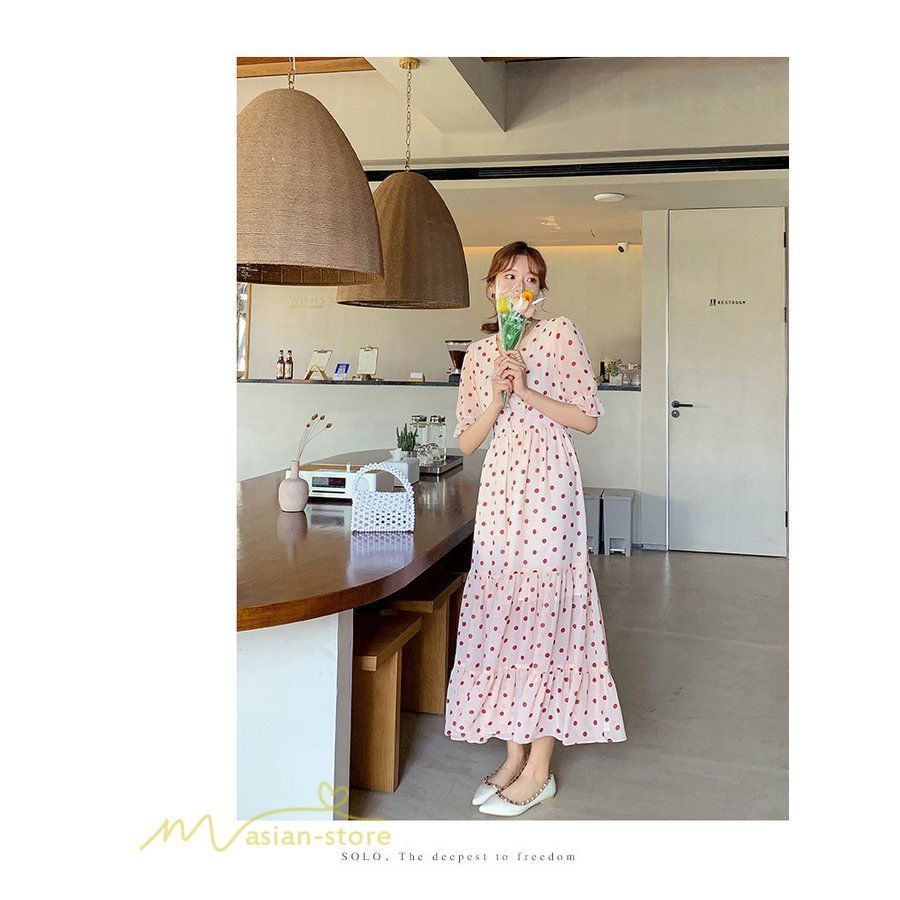 W_ng大人気?ミルクティードットマキシワンピース　ロングワンピース　夏服　i W_ng大人気?ミルクティードットマキシワンピースロング
