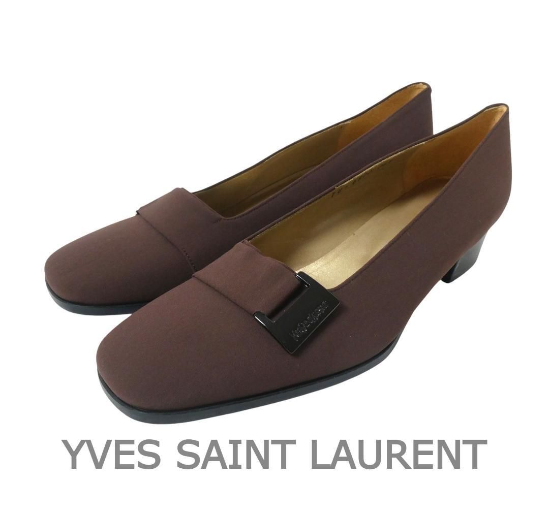 新品同様 Yves Saint Laurent イヴサンローラン パンプス プレートロゴ ベルトデザイン スクエアトゥ ローヒール ブラウン サイズ36.5 約23.5㎝ レディース 16,416円