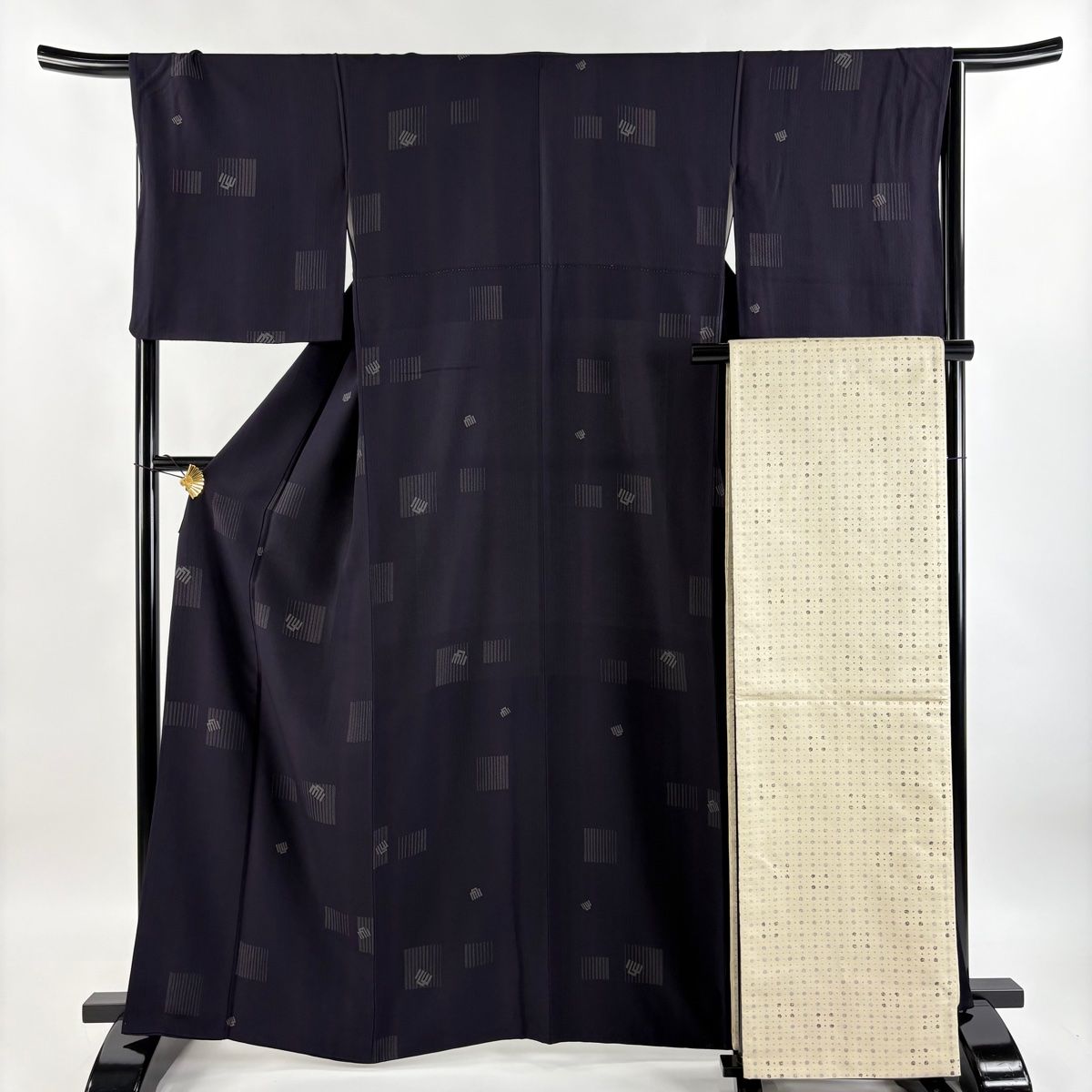 小紋 身丈163.5cm 裄丈65cm M 袷 名古屋帯セット やまと 源氏香 縞 濃紫 正絹 秀品 【】