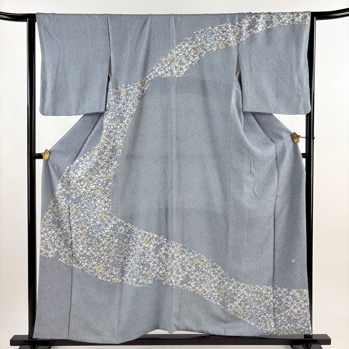 訪問着 身丈158cm 裄丈65cm M 袷 落款 蝶 花 青灰色 正絹 秀品