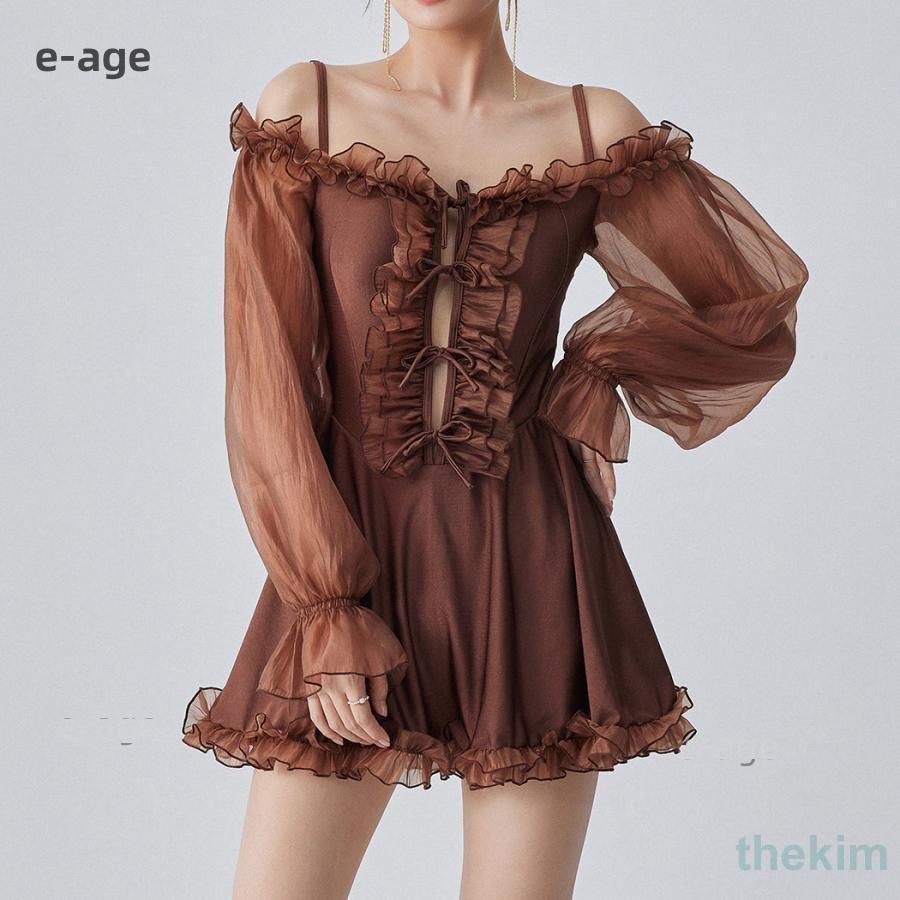 夏 水着 レディース ワンピース オールインワン 体型カバー オフショル フリル 紐 リボン おしゃれ かわいい 白 長袖 キャンディスリーブ